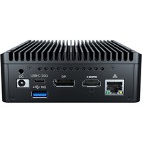 Black Elo Backpack mini PC with ribbed top, multiple ports including USB-C, HDMI, Ethernet, and power input.