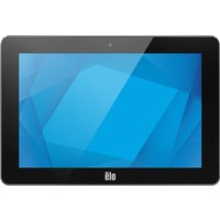 Black Elo touchscreen monitor with a sleek frame and blue geometric display.
