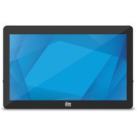 Black EloPOS i3-9100TE tablet with 15.6-inch touchscreen display, sleek design, and blue geometric screen pattern.