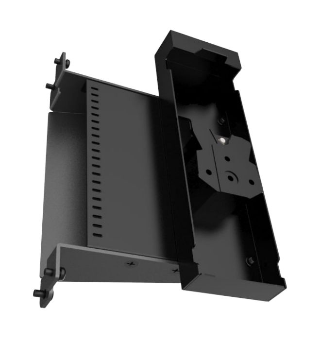 Black metal EMV cradle designed for the Ingenico LANE3000, featuring a sturdy base with ventilation slots and mounting points for secure device attachment.