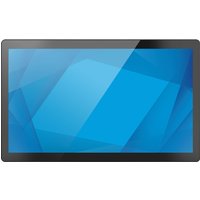 Black Elo Touch Solutions touchscreen monitor with a sleek bezel and vibrant blue display.