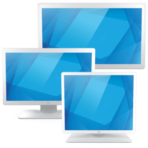 Three Elo Touch Solutions 03-Series monitors in varying sizes, featuring sleek white frames and vibrant blue screens with a geometric design.