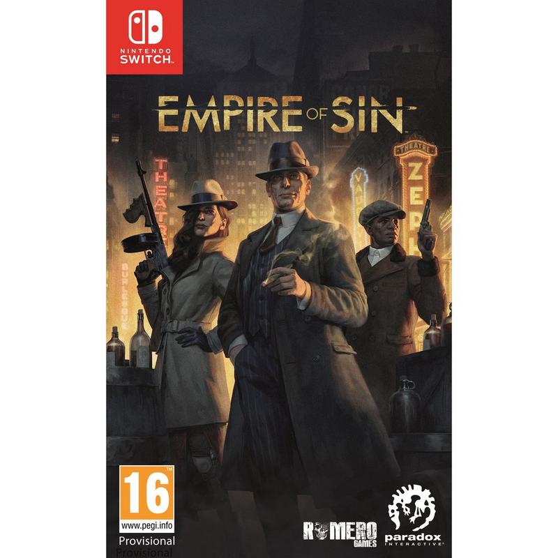 Cover art for "Empire of Sin" featuring three characters in 1920s attire, holding weapons, with a city skyline and neon signs in the background, predominantly dark colors.