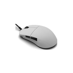 White USB optical gaming mouse with a sleek design, featuring side buttons, a smooth surface, and a contoured shape for ergonomic grip.