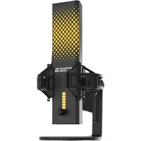 Black Endgame Gear XSTRM PC microphone with yellow LED grid, rectangular shape, and adjustable stand.