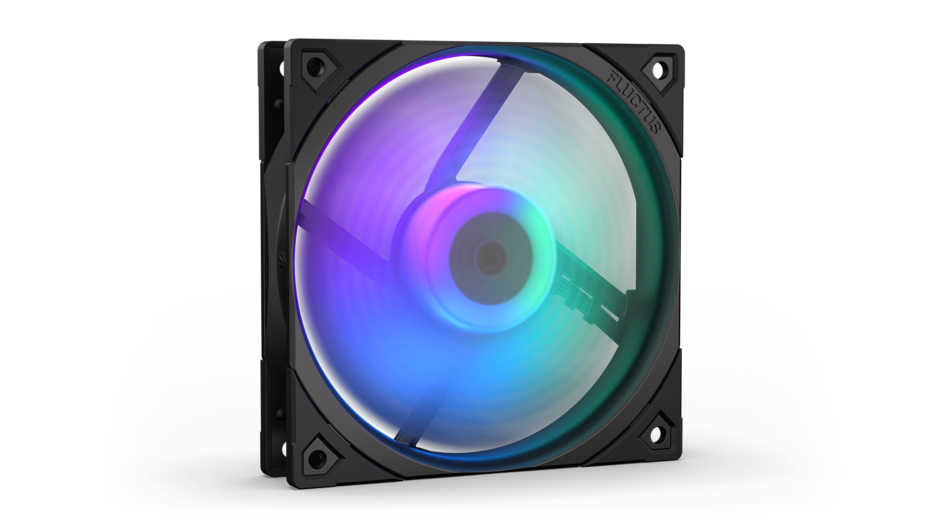 Black 120mm PWM PC fan with a transparent circular blade, featuring vibrant RGB LED lighting that creates a smooth color transition effect.