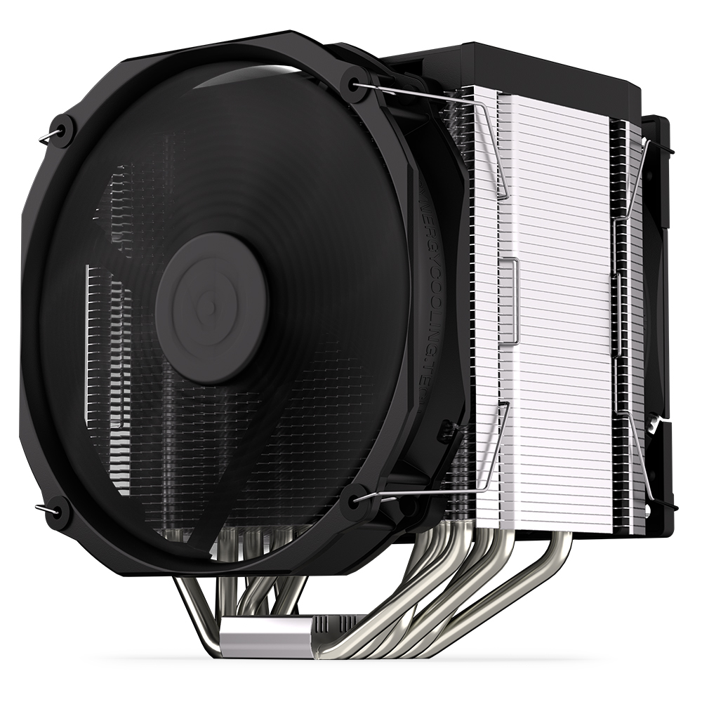 Black dual fan air cooler with a sleek design, featuring a silver heat sink and multiple copper heat pipes, designed for 120/140 mm mounts, ideal for efficient CPU cooling.