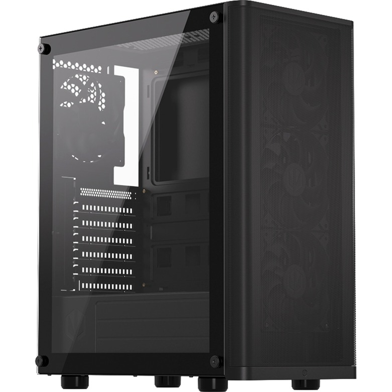 Black ATX full tower PC case with tempered glass side panel, featuring multiple cooling fans, spacious interior for components, and a sleek, modern design.