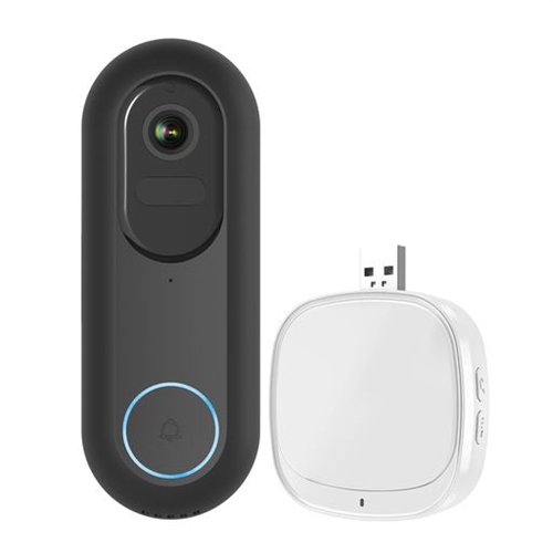 White and black ENER-J 1080P wired and wireless video doorbell kit featuring a round button, camera lens, and a USB foldable chime, with a 5200mAh battery.