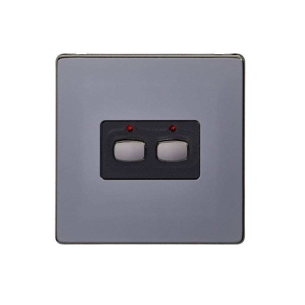 Black and grey EnerGenie MIHO071 light switch featuring two toggle buttons with red indicator lights, set in a sleek square frame.