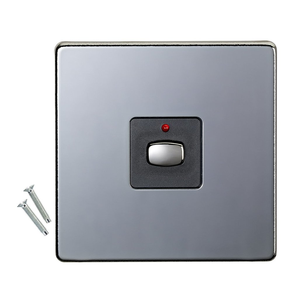Nickel-finished light switch with a central button and a red indicator light, accompanied by two screws for installation.