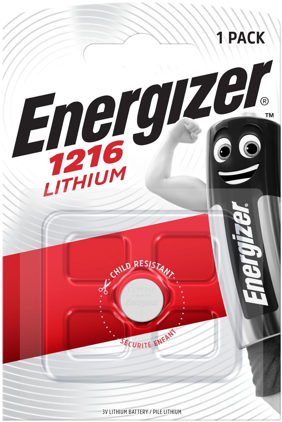 Energizer 1216 lithium coin battery in silver, child-resistant packaging with red accents and mascot graphic.