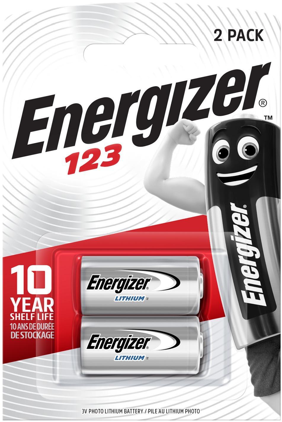 Energizer 123 Lithium Photo Battery 2 Pack, silver cylindrical batteries with blue and black branding on white packaging.