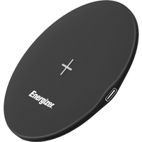 Black Energizer 15W wireless charging pad with a sleek round design and a subtle cross symbol on top.
