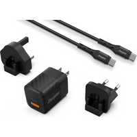Black Energizer wall charger with 1 USB-A, 1 USB-C port, USB-C cable, and interchangeable plug adapters.