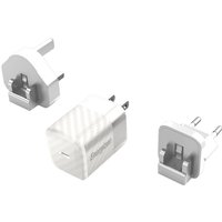 White Energizer A20MUWH mobile charger with USB port and interchangeable plug adapters for universal indoor use.