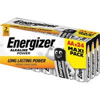 Energizer AA Alkaline Batteries 24 Pack, yellow and black packaging with mascot and "Long Lasting Power" text.
