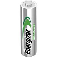 Silver Energizer AA rechargeable battery with green and black logo and green "Recharge" text on the side.