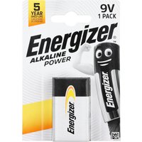 Energizer Alkaline Power 9V battery in black and silver packaging with yellow accent, 5-year shelf life label.