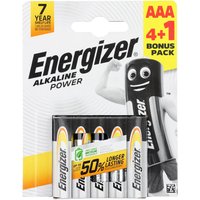 Energizer Alkaline Power AAA Batteries 4+1 pack, silver with black and orange accents, in blister packaging.