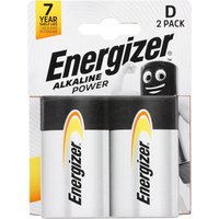 Energizer Alkaline Power D Batteries 2 Pack, silver with black top, yellow and red logo, in branded packaging.