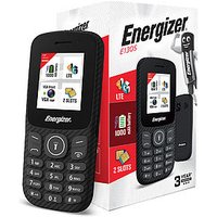 Energizer E130S black mobile phone with 1.77" screen, keypad, and dual SIM slots, shown with packaging.
