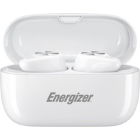 White Energizer TWS40 Bluetooth earphones in a sleek charging case with logo on the front.