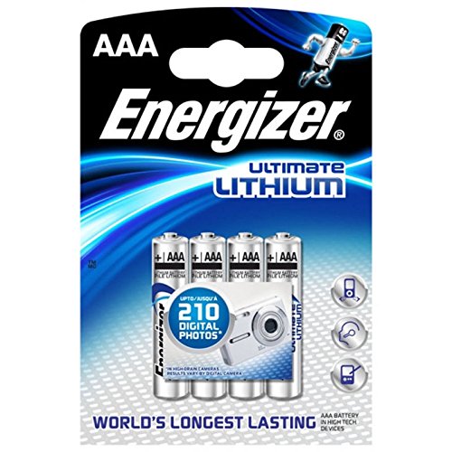 Four Energizer Ultimate Lithium AAA batteries in a blue and white package, highlighting their long-lasting power and suitability for digital devices.