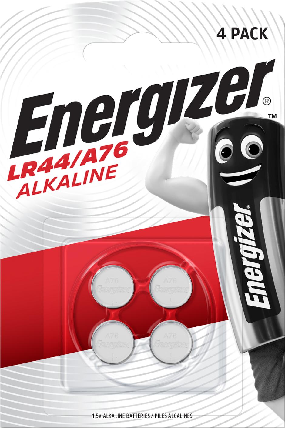 Energizer LR44/A76 alkaline button batteries, 4 pack, in clear plastic packaging with red and white branding.