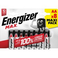 Energizer Max AA alkaline batteries, 8-pack, black and silver with red accents, in branded packaging.