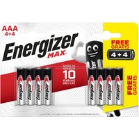 Energizer Max AAA batteries pack of 8, silver with black and red labeling, in blister packaging with mascot graphic.