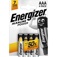 Energizer Max Alkaline Power AAA Battery 4 Pack with black and silver design, featuring mascot and 7-year shelf life.