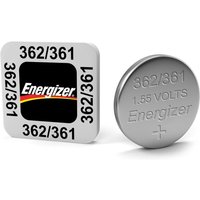 Energizer silver oxide coin cell battery, engraved with "362/361 1.55 VOLTS," next to branded square packaging.