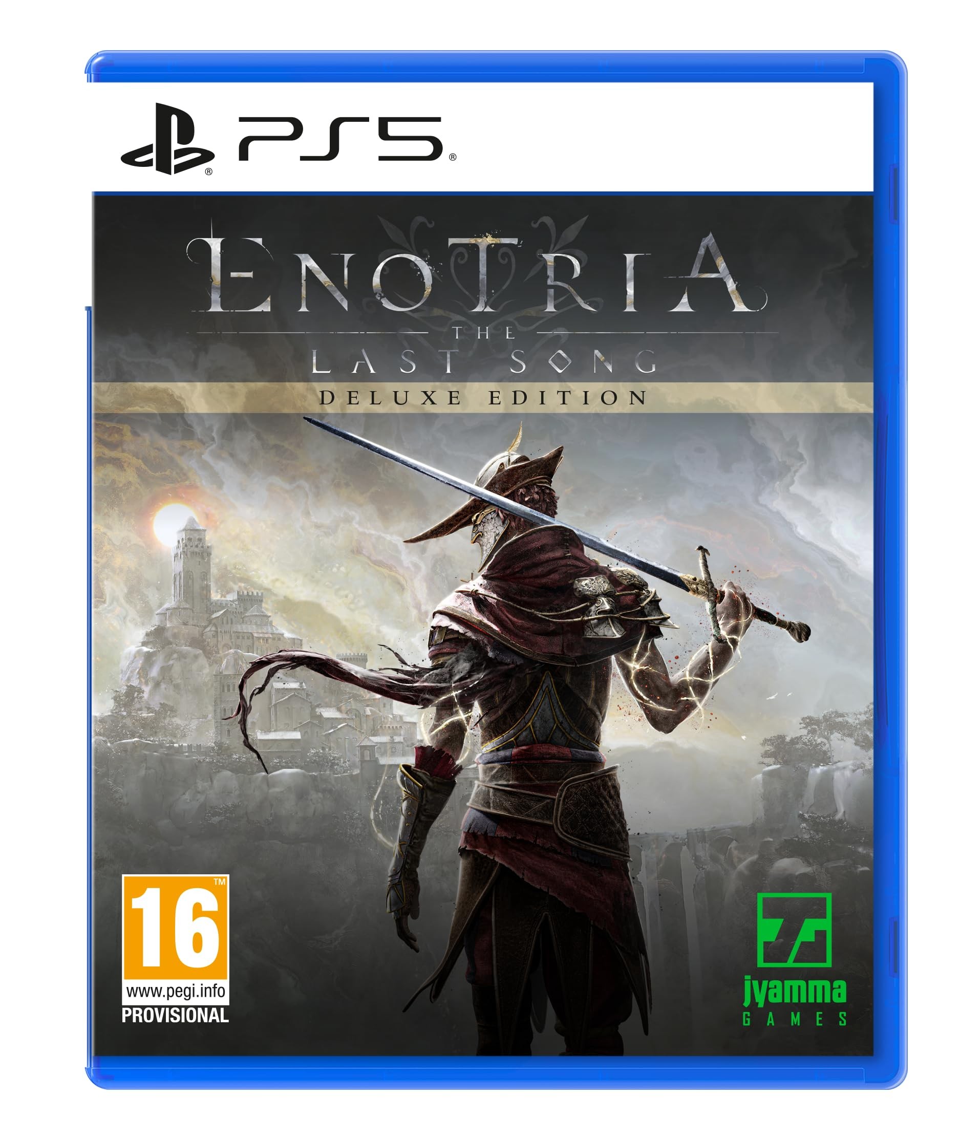 Deluxe Edition game case for "Enotria: the Last Song" on PS5, featuring a knight with a sword against a fantasy backdrop, in a blue plastic case with a PEGI 16 rating.