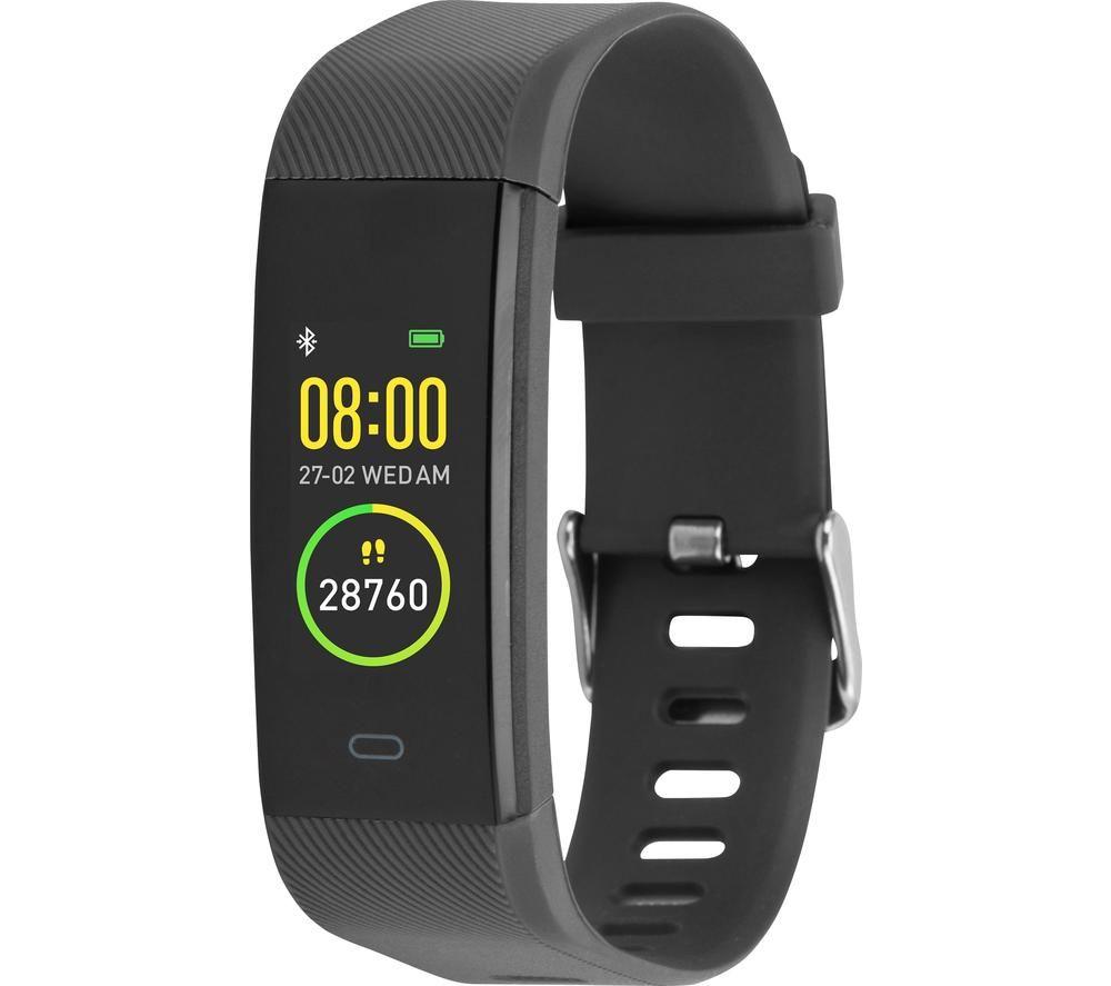 Black silicone smart bracelet featuring a digital display with time, date, and step count, along with Bluetooth connectivity and adjustable strap.