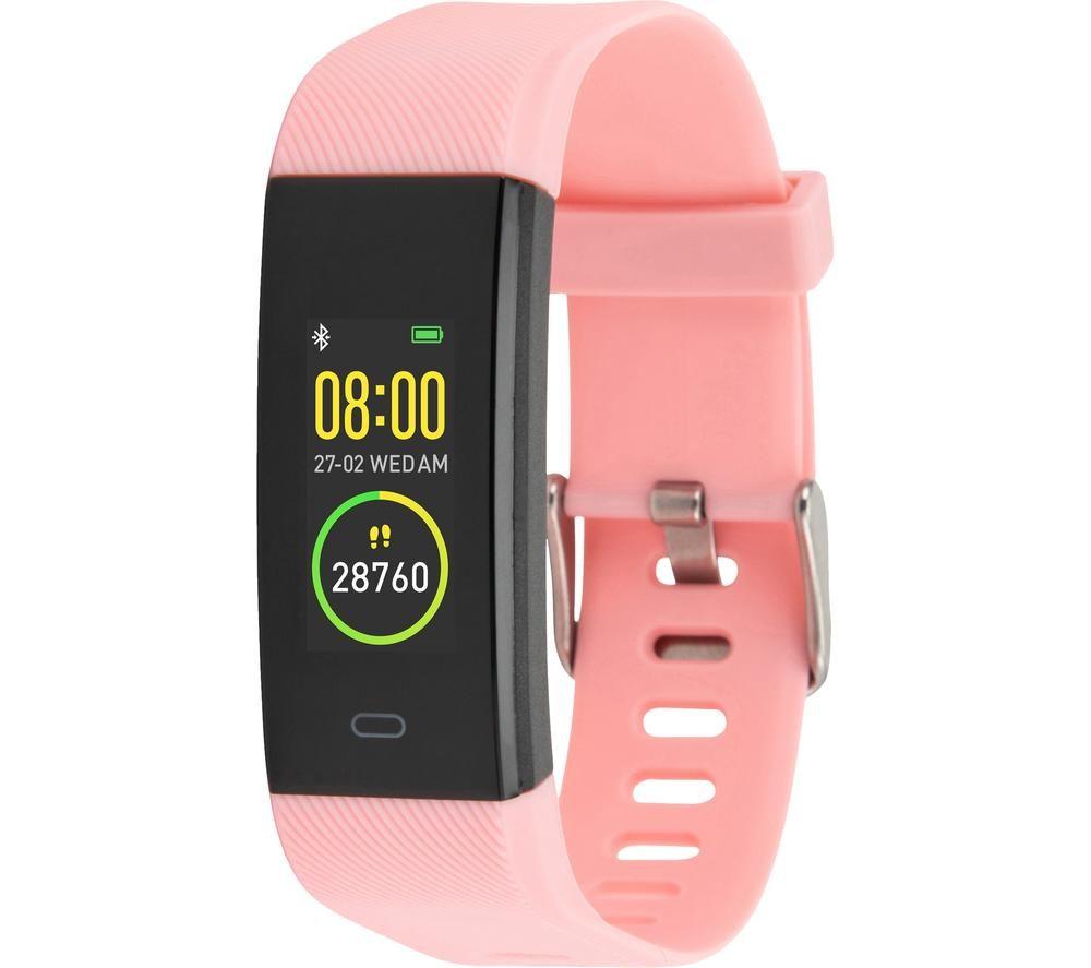 Pink silicone smart bracelet featuring a digital display showing time, date, and step count, with a sleek black face and adjustable strap.