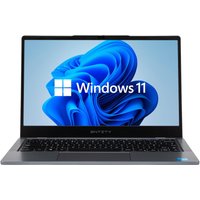 Entity Book 14 laptop, black keyboard, silver body, 14-inch HD screen displaying Windows 11 logo.