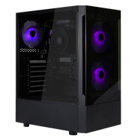 Black gaming PC tower with transparent side panel, purple LED fans, and sleek design.