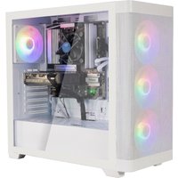 White gaming PC with transparent side panel, RGB fans, Intel Core i5, 32GB RAM, 1TB SSD, RTX 5060Ti, Windows 11.