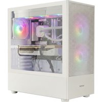White gaming PC with RGB fans, transparent side panel, and sleek design, featuring Intel Core i7 and RTX 5070.