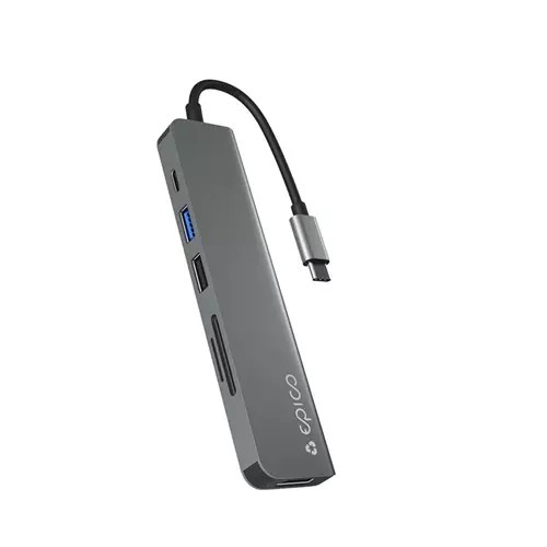 Grey USB Type-C interface hub with a sleek design, featuring multiple ports including USB-A, USB-C, and an SD card slot, connected by a short cable.