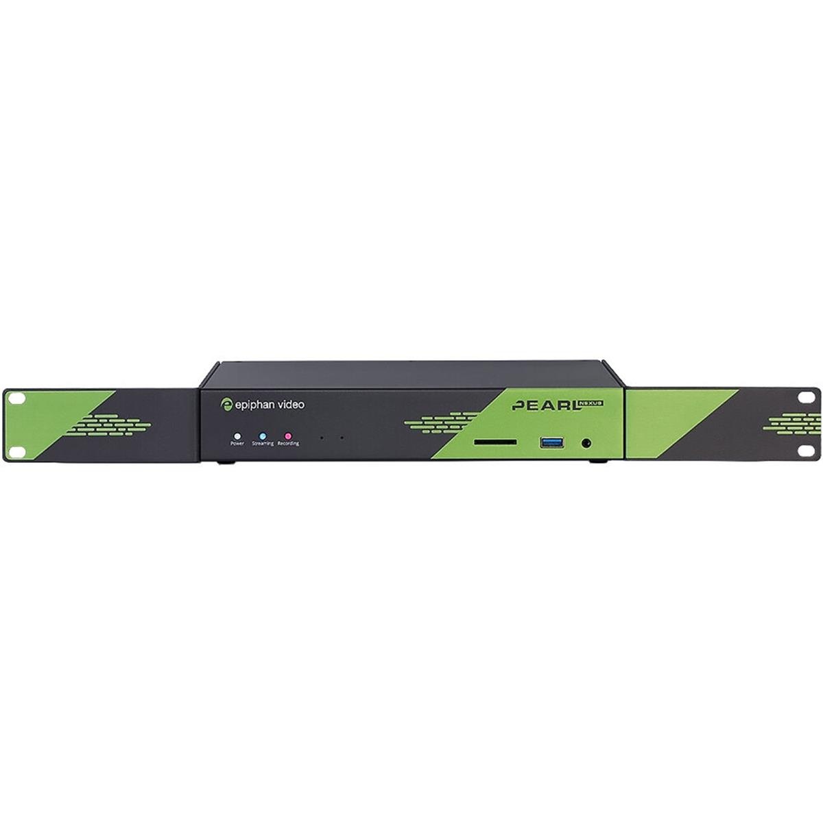 Black and green live video production system with a sleek design, featuring LED indicators, USB port, and a card slot, designed for rack mounting.