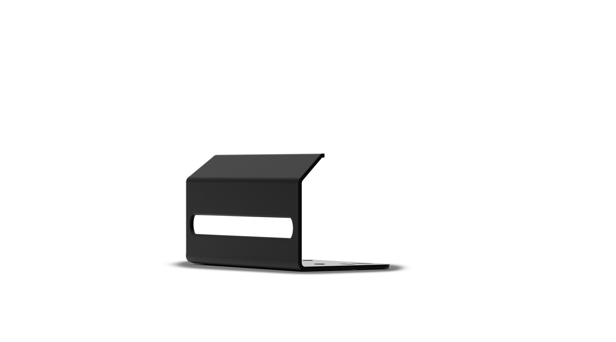 Black metal wall mount for video conferencing accessories, featuring a sleek design with a cut-out for cable management and a sturdy base for stability.
