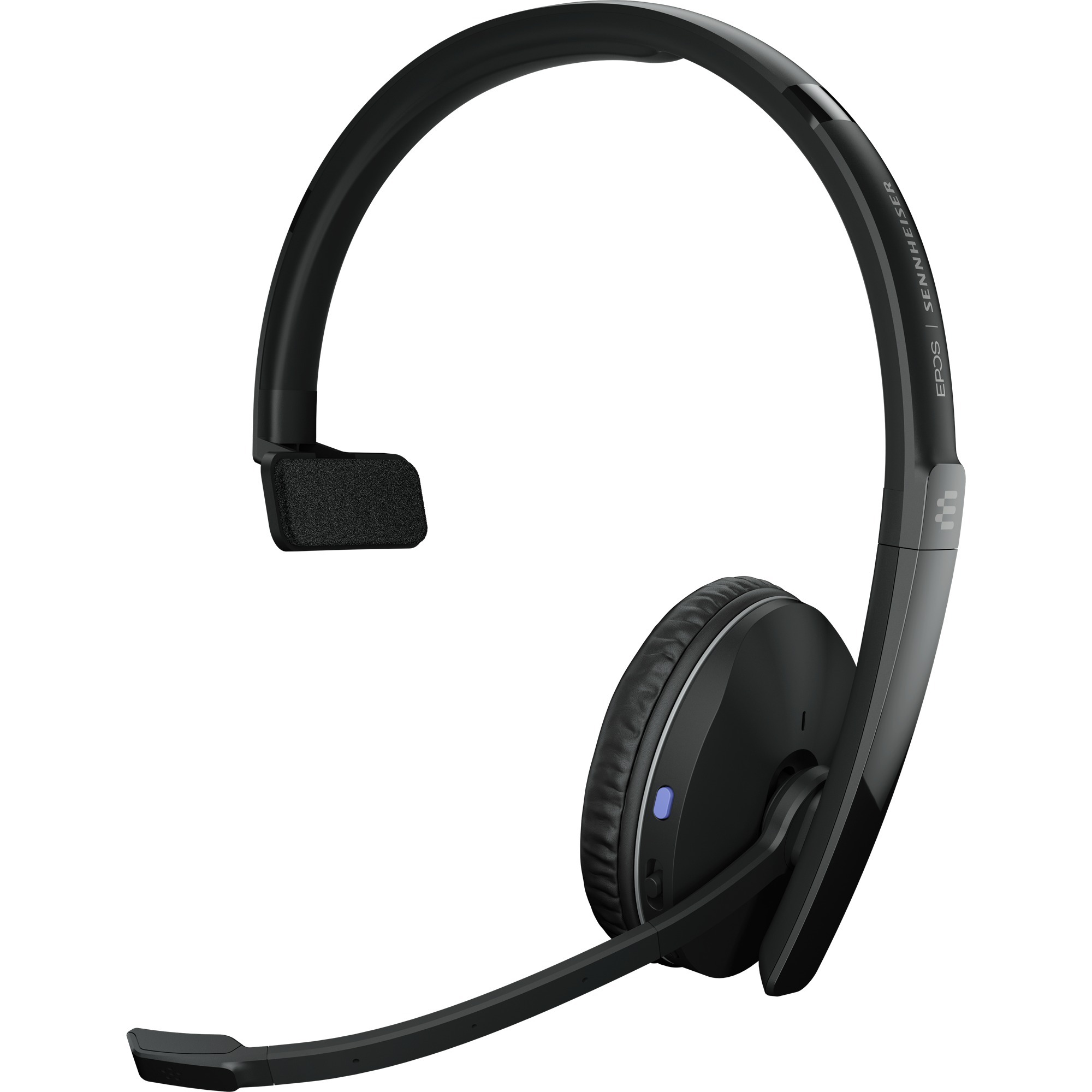 Black Bluetooth mono headset with a sleek design, featuring a flexible microphone arm, cushioned ear pad, and a compact dongle for wireless connectivity.
