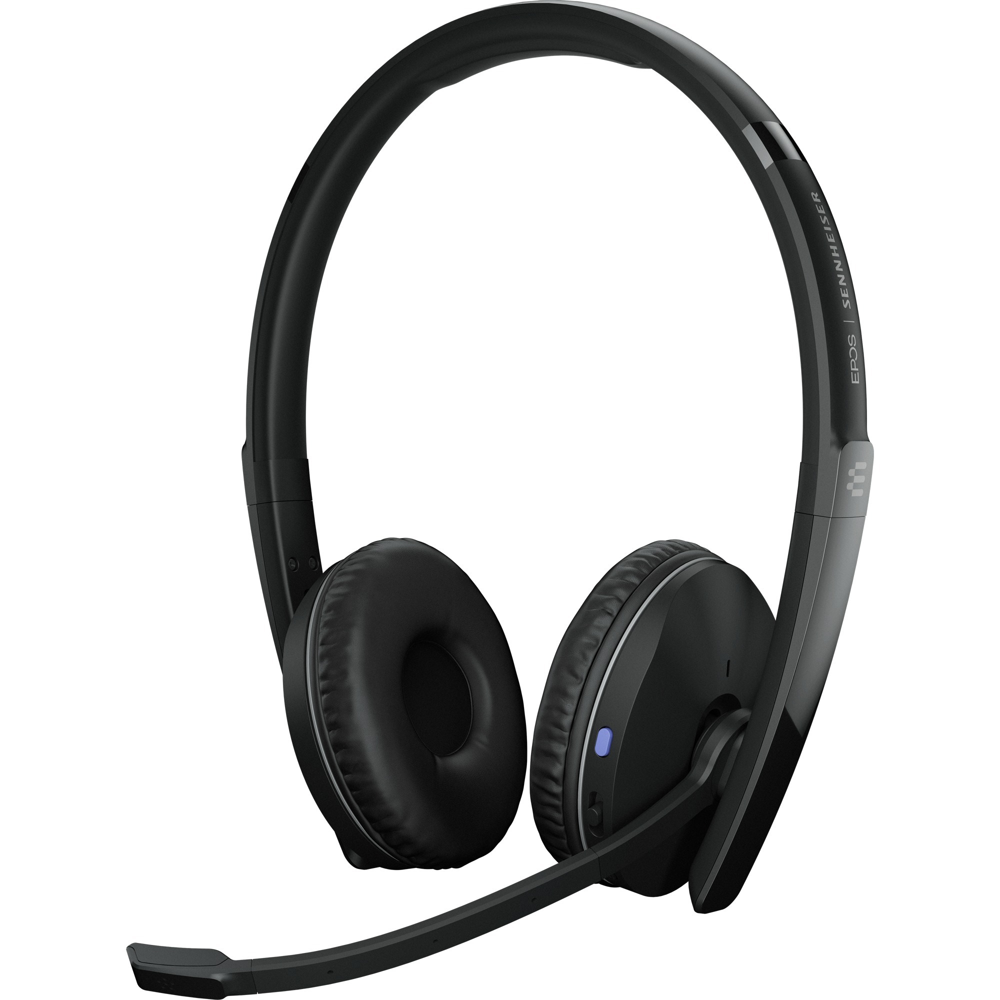 Black on-ear Bluetooth headset with soft cushioned ear cups, adjustable headband, and a flexible microphone for noise cancellation.