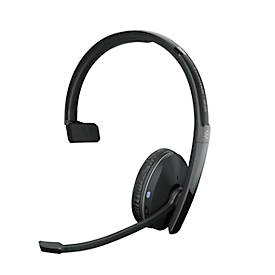 Black on-ear Bluetooth headset with a sleek design, featuring a flexible microphone boom, noise-canceling capabilities, and comfortable padding on the ear cup.