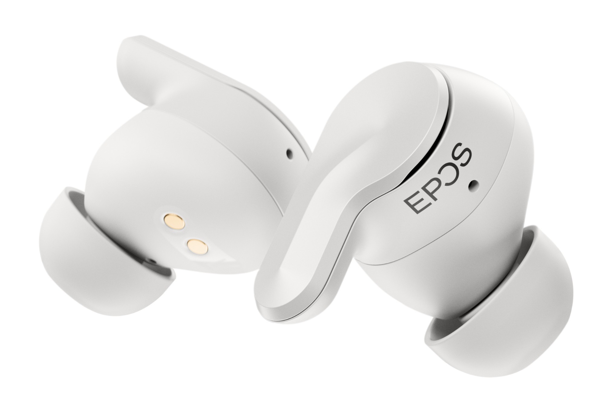 White in-ear Bluetooth stereo earbuds with a sleek design, featuring a glossy finish, gold charging contacts, and the "EPOS" logo prominently displayed.