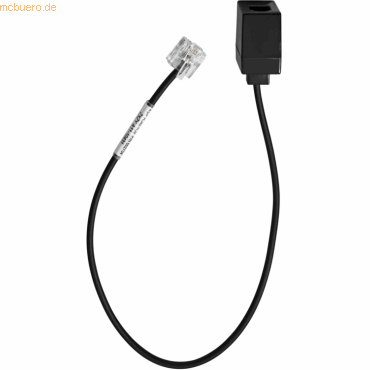 Black cable with a rectangular adapter on one end and a clear RJ45 connector on the other, designed for connecting Epos audio devices.