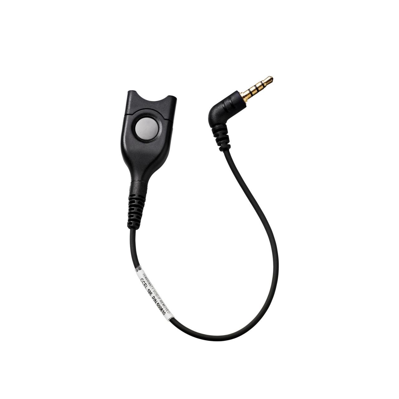 Black audio cable with a curved 3.5mm jack and a round button on a flat connector, designed for Epos Ccel 195 headset compatibility.