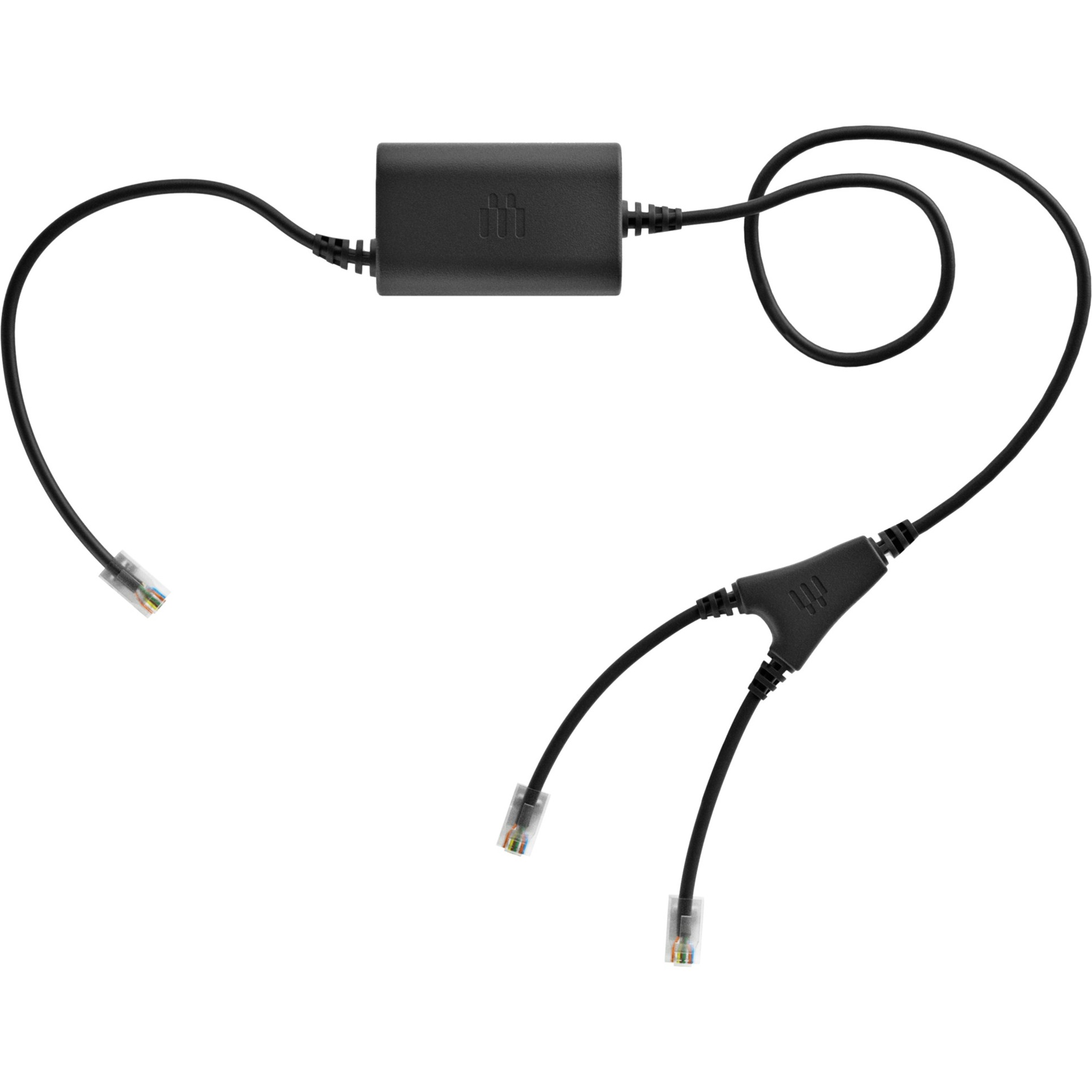Black EPOS CEHS-AV03 Avaya adapter cable with a rectangular connector and two branching cables ending in clear plastic connectors.